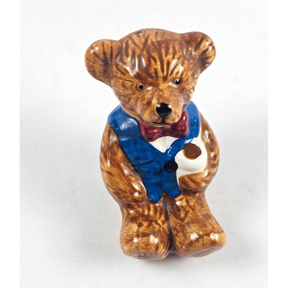 Ceramic Teddy Bear Salt Shaker Brown Blue White Animal Print Reusable 3 in